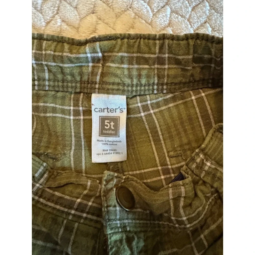 Carters Toddler Boys Olive Green Plaid Cargo Shorts Size 5T Cotton 35623